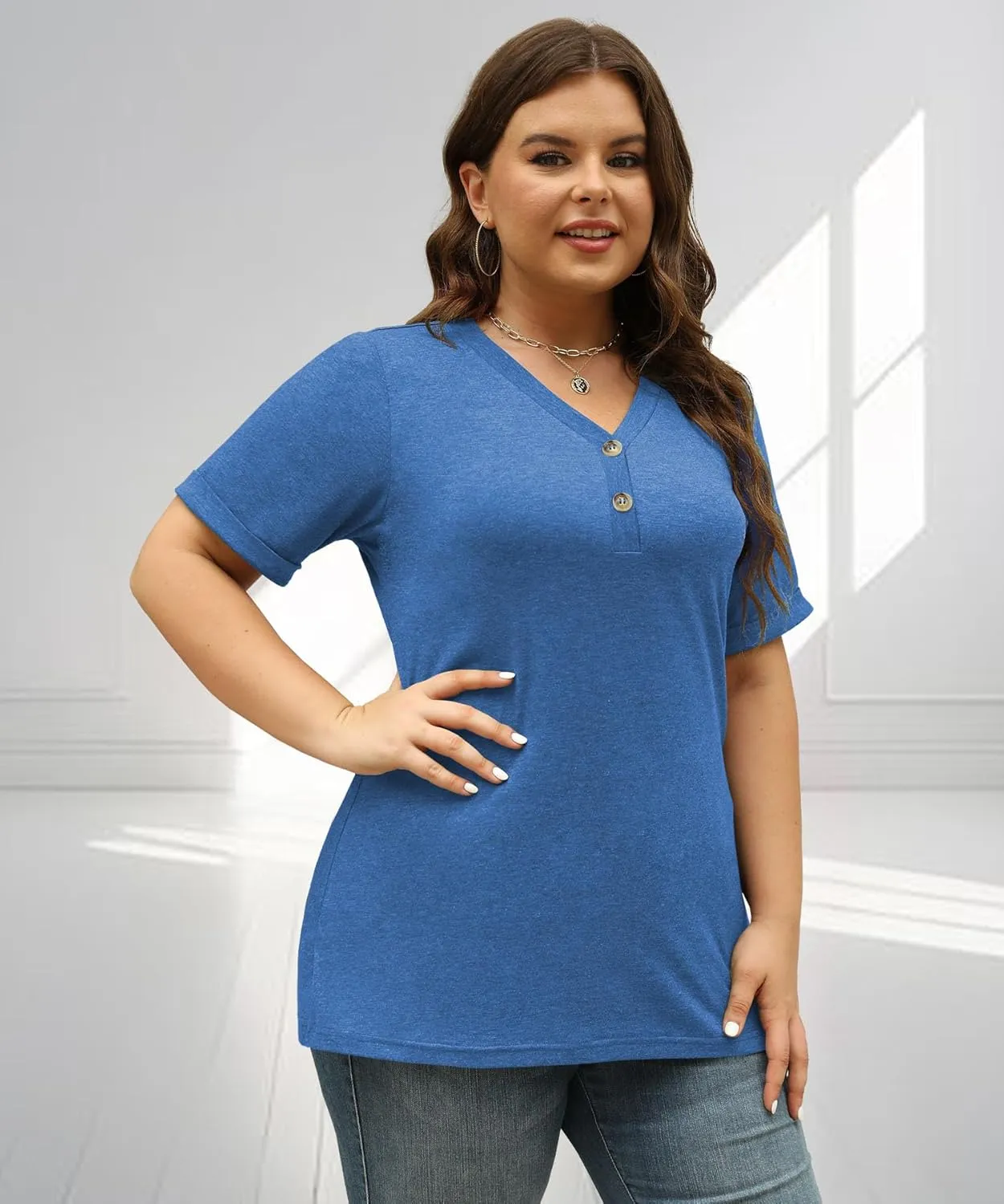 Womens Summer Tops Trendy Button Down V Neck Shirts Short Sleeve Blouses Business Casual Loose Tunics