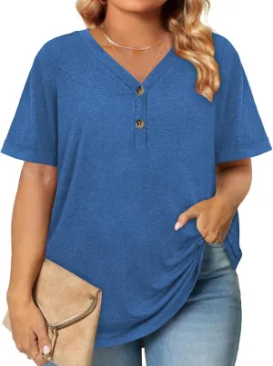 Womens Summer Tops Trendy Button Down V Neck Shirts Short Sleeve Blouses Business Casual Loose Tunics