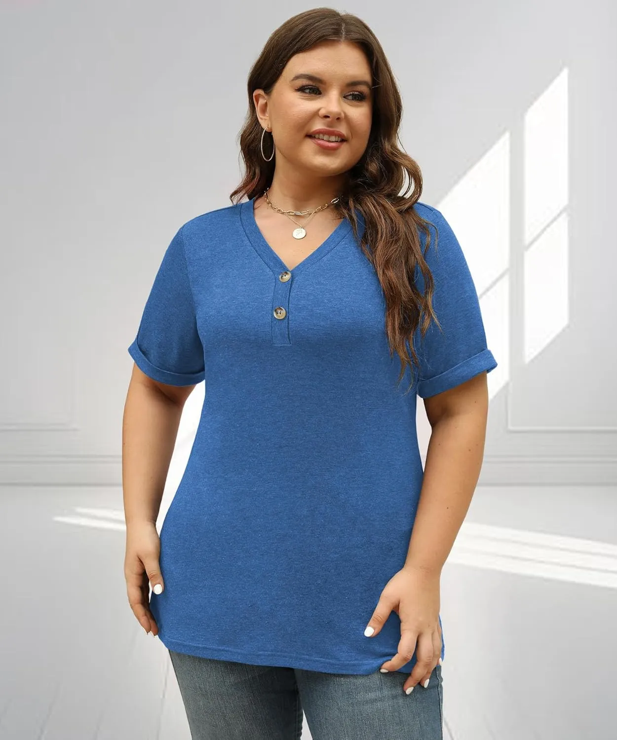 Womens Summer Tops Trendy Button Down V Neck Shirts Short Sleeve Blouses Business Casual Loose Tunics