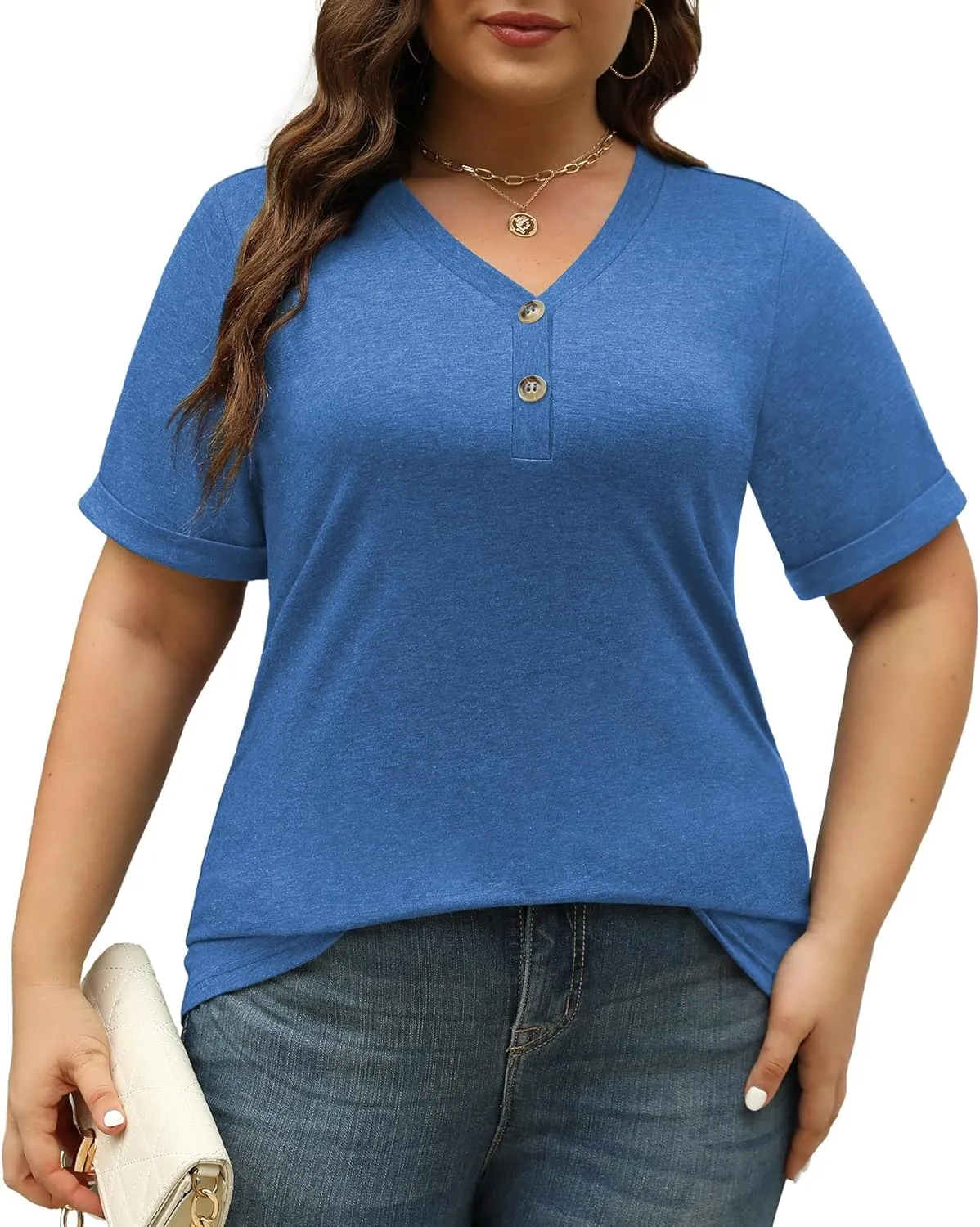 Womens Summer Tops Trendy Button Down V Neck Shirts Short Sleeve Blouses Business Casual Loose Tunics