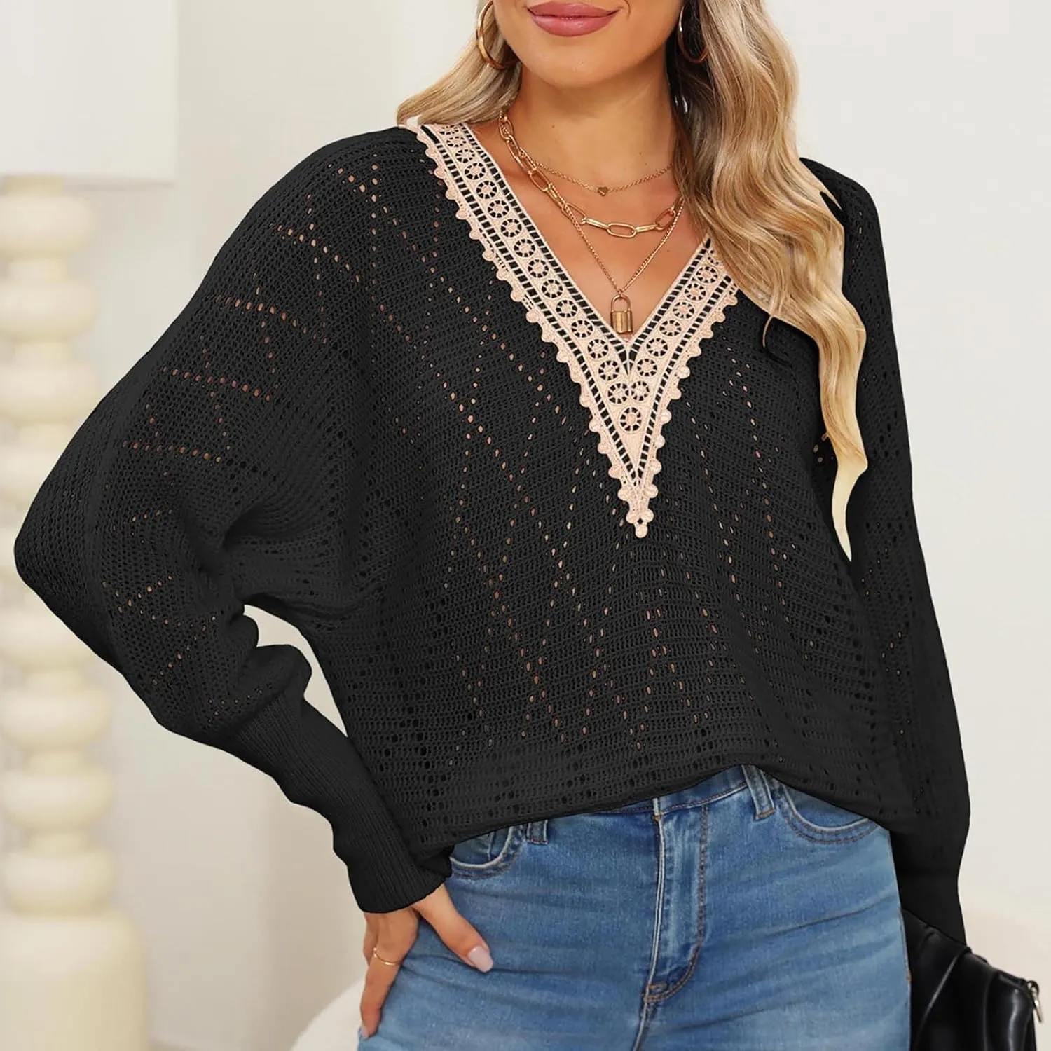 Women's Sweater 2024 Fall Casual Knit Long Sleeve Loose Pullover V Neck Lace Hollow Out Tops Trendy Cute Daily