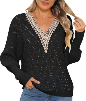 Women's Sweater 2024 Fall Casual Knit Long Sleeve Loose Pullover V Neck Lace Hollow Out Tops Trendy Cute Daily