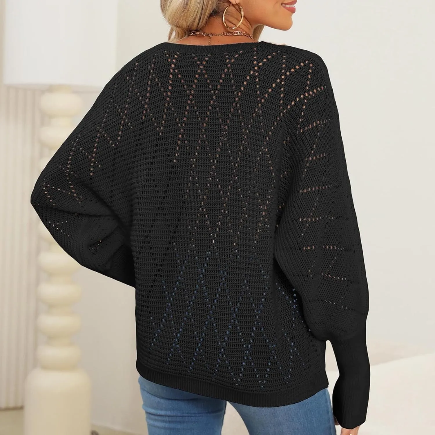 Women's Sweater 2024 Fall Casual Knit Long Sleeve Loose Pullover V Neck Lace Hollow Out Tops Trendy Cute Daily