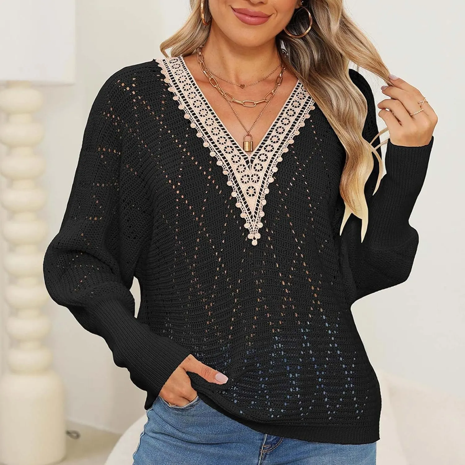 Women's Sweater 2024 Fall Casual Knit Long Sleeve Loose Pullover V Neck Lace Hollow Out Tops Trendy Cute Daily