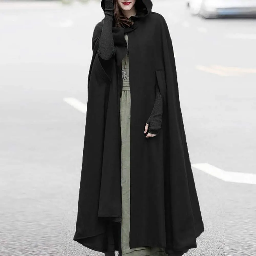 Women's Trench Coat Gothic Long Cloak Autumn And Winter Hoodies Robe Wool Blend Hooded Cape Poncho Maxi Cloak Coat