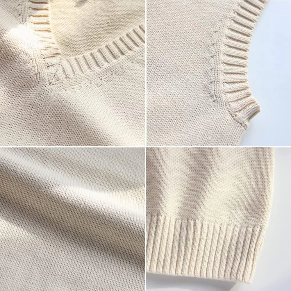 Womens V Neck Sweater Vest School Uniform Solid Color Sleeveless Knit Sweaters Pullover Tank Tops