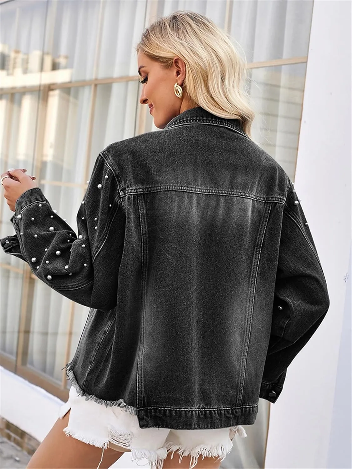 Women's Vintage Wash Denim Jacket Button Down Raw Hem Pearl Long Sleeves Jean Cardigan Coat for Outwear Streetwear