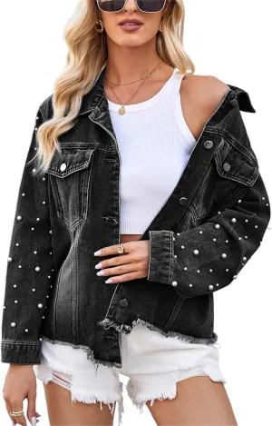 Women's Vintage Wash Denim Jacket Button Down Raw Hem Pearl Long Sleeves Jean Cardigan Coat for Outwear Streetwear