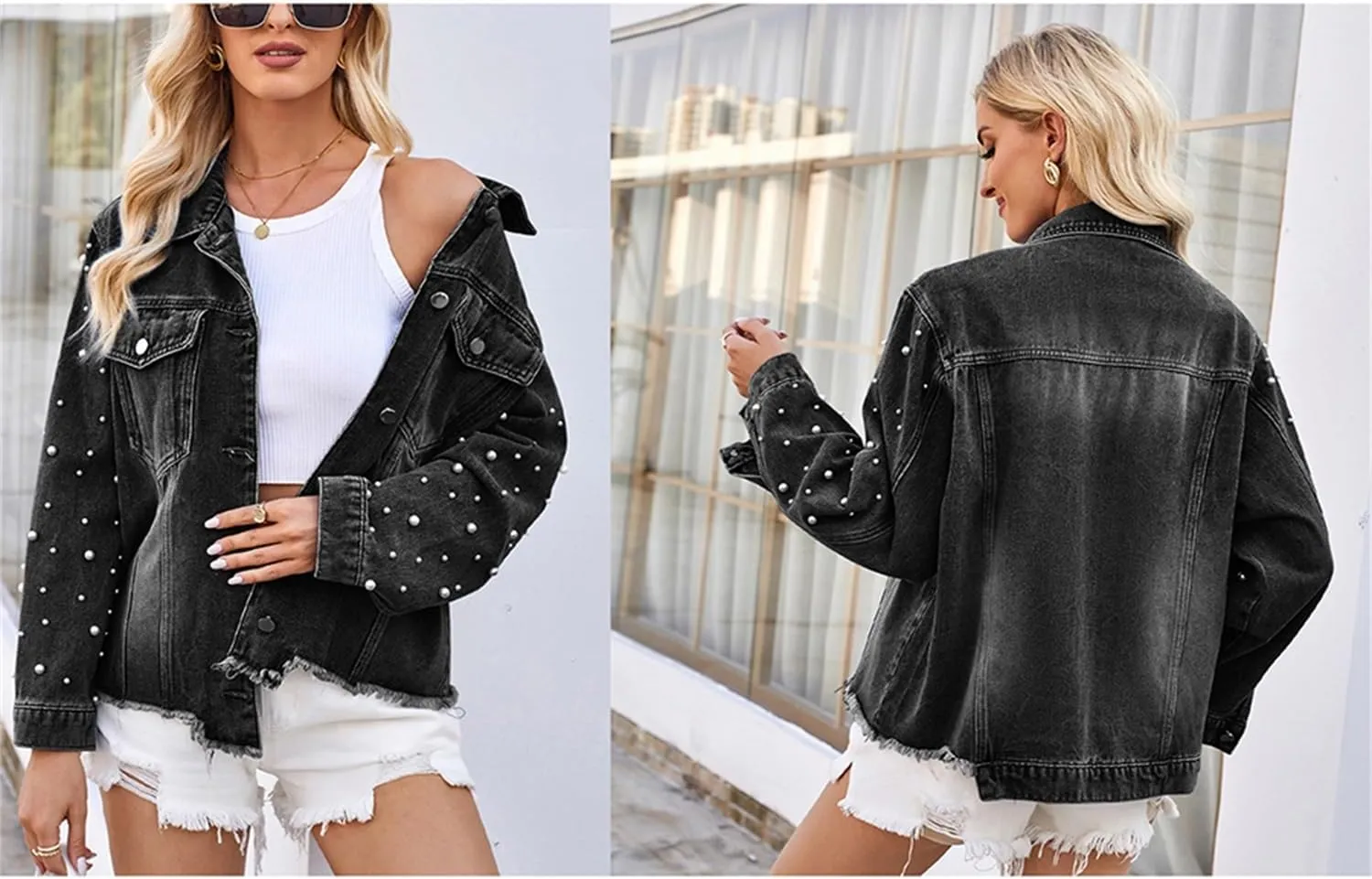 Women's Vintage Wash Denim Jacket Button Down Raw Hem Pearl Long Sleeves Jean Cardigan Coat for Outwear Streetwear