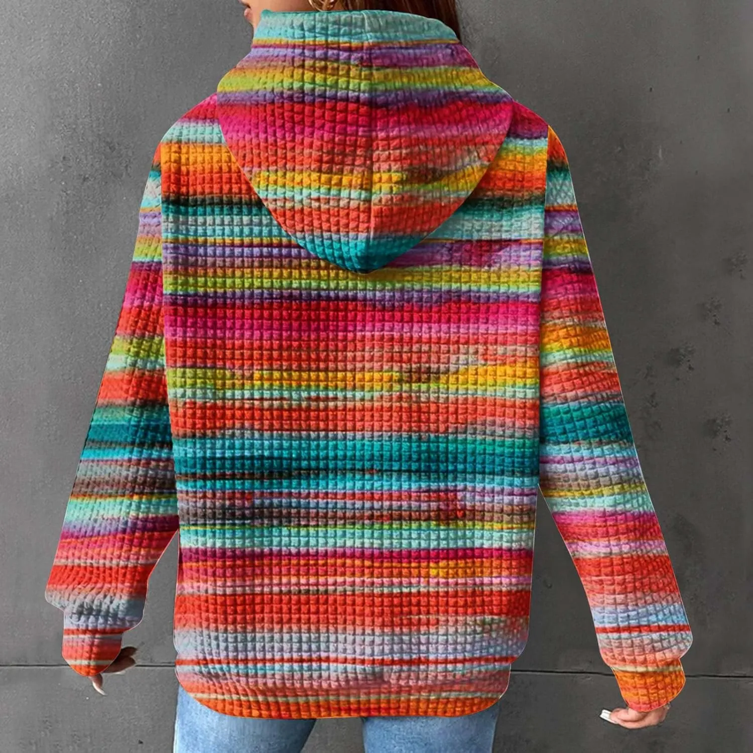 Womens Waffle Knit Hoodie Oversized Fashion Multicolored Sweatshirt Casual Drawstring Pullover Tops with Pockets