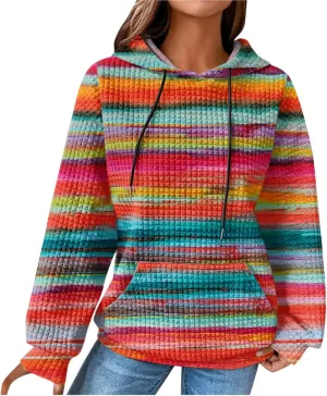 Womens Waffle Knit Hoodie Oversized Fashion Multicolored Sweatshirt Casual Drawstring Pullover Tops with Pockets