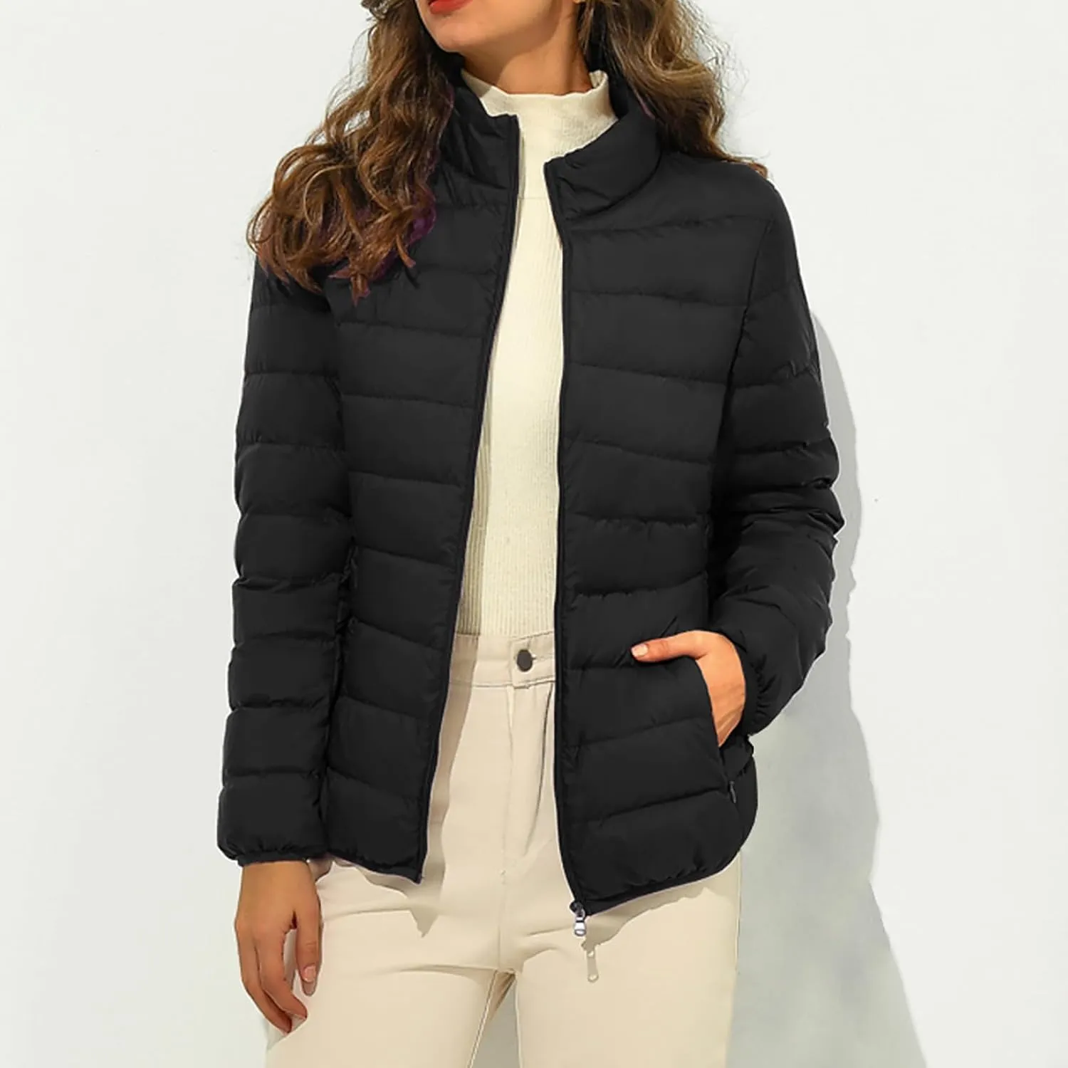 Women's Winter Coat Quilted Puffer Jacket Stand Collar Warm Down Coat Lightweight Zip Up Casual Cotton-Padded Clothes