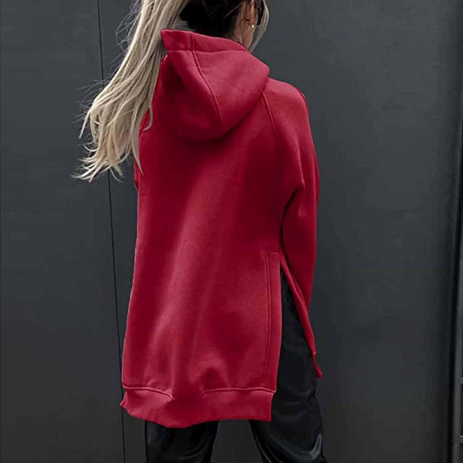 Women's Winter Oversized Hoodies Stylish Long Sleeve High Split Hem Pullover Casual High Low Sweatshirt With Pocket