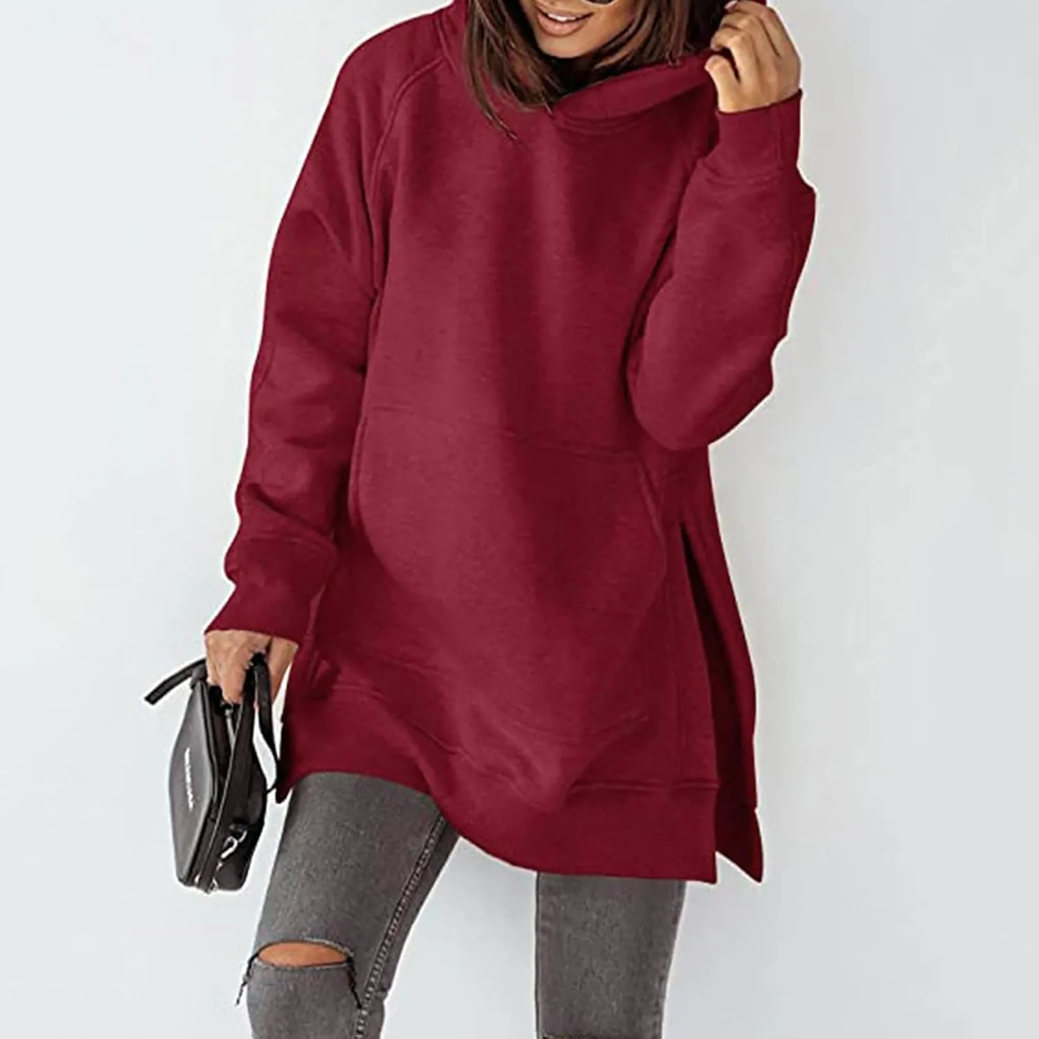 Women's Winter Oversized Hoodies Stylish Long Sleeve High Split Hem Pullover Casual High Low Sweatshirt With Pocket