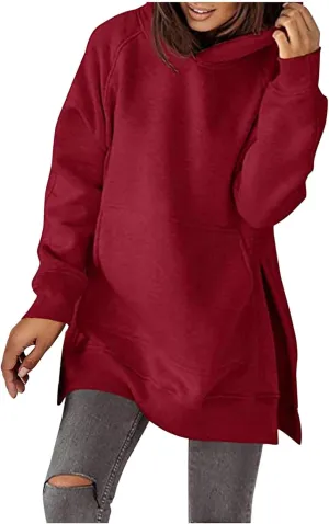 Women's Winter Oversized Hoodies Stylish Long Sleeve High Split Hem Pullover Casual High Low Sweatshirt With Pocket