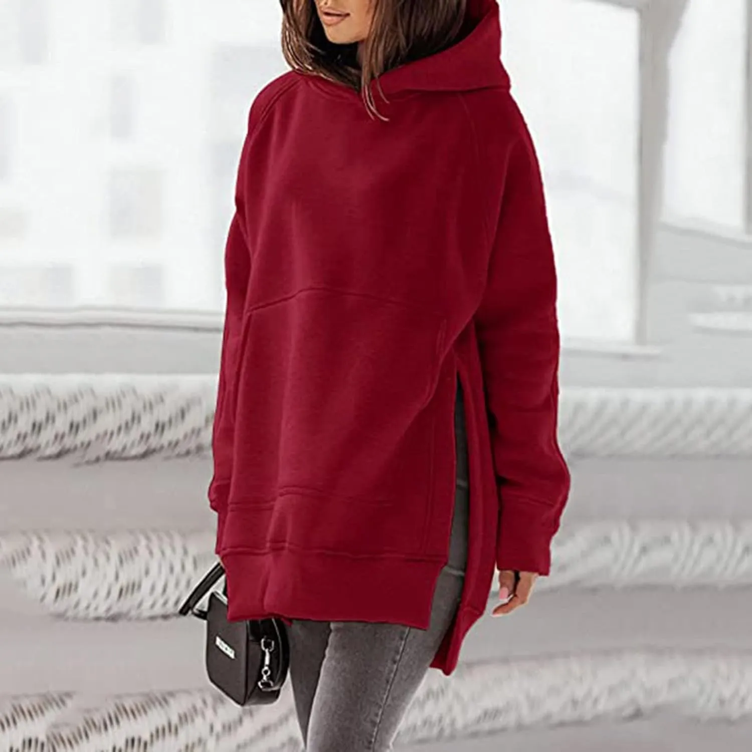 Women's Winter Oversized Hoodies Stylish Long Sleeve High Split Hem Pullover Casual High Low Sweatshirt With Pocket