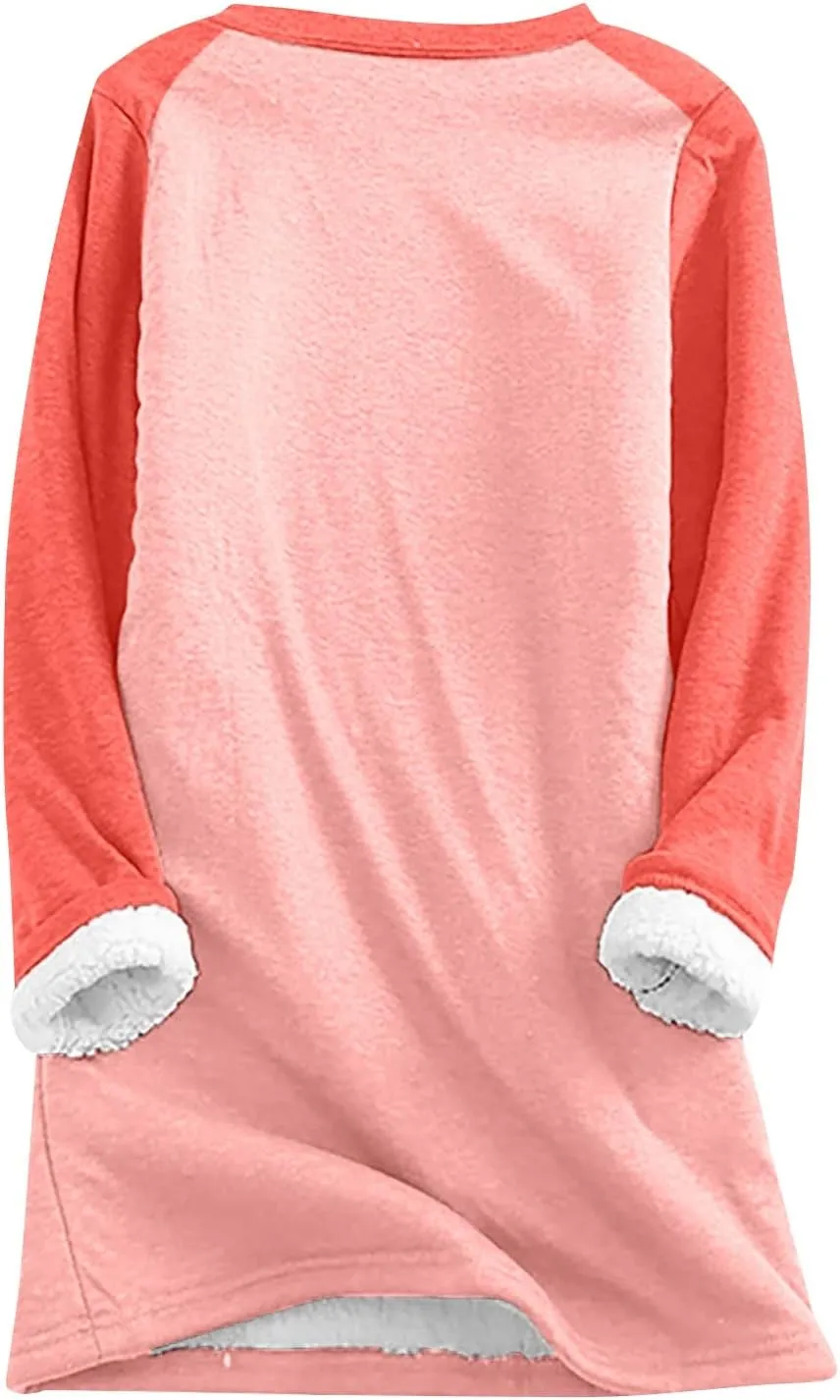 Women's Winter Warm Sherpa Lined Fleece Crewneck Pullover Sweatshirt Loungewear Tunic Tops Underwear