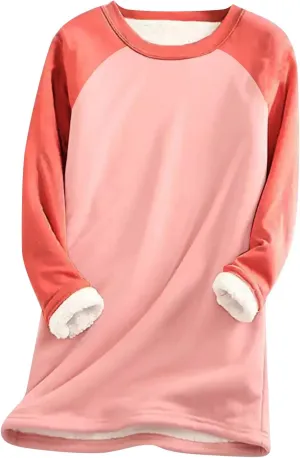 Women's Winter Warm Sherpa Lined Fleece Crewneck Pullover Sweatshirt Loungewear Tunic Tops Underwear