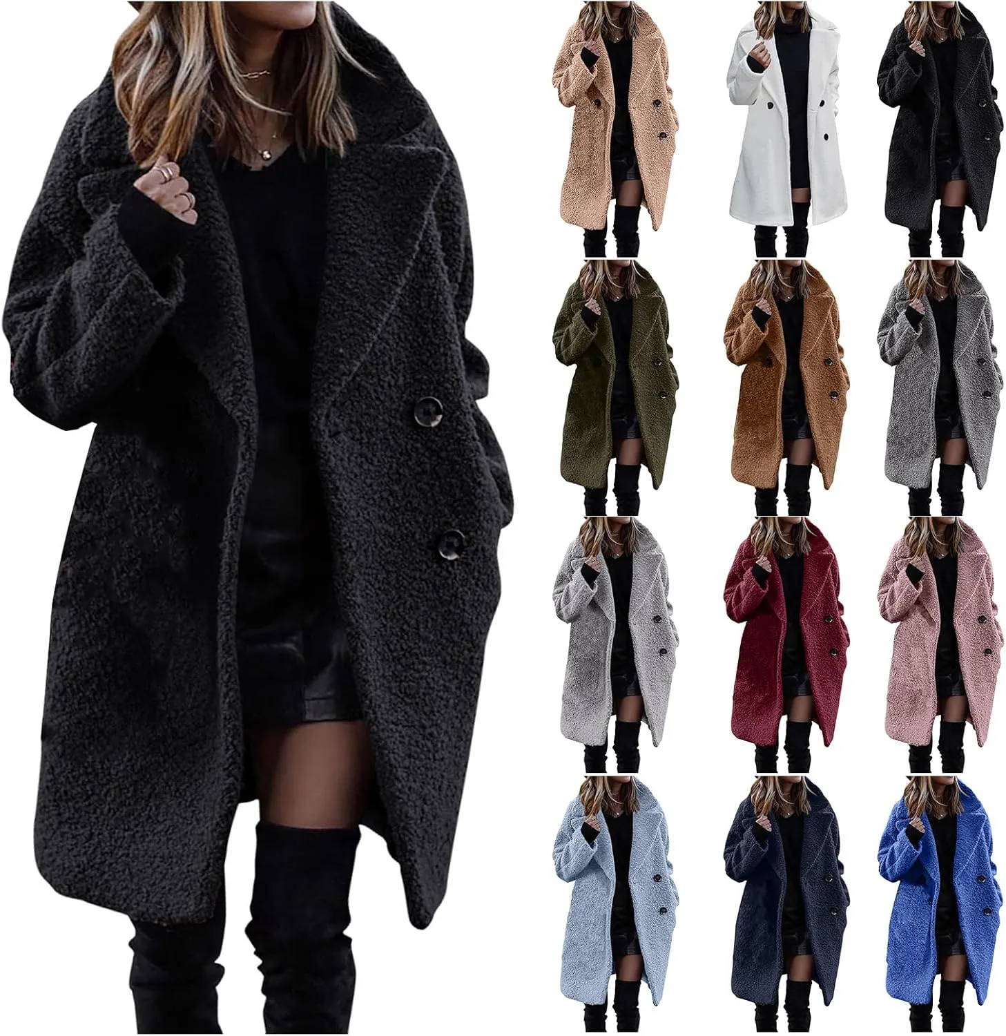 Womens Winter Wool Coat Casual Notch Lapel Double Breasted Pea Coat Mid Long Trench Coat Jackets