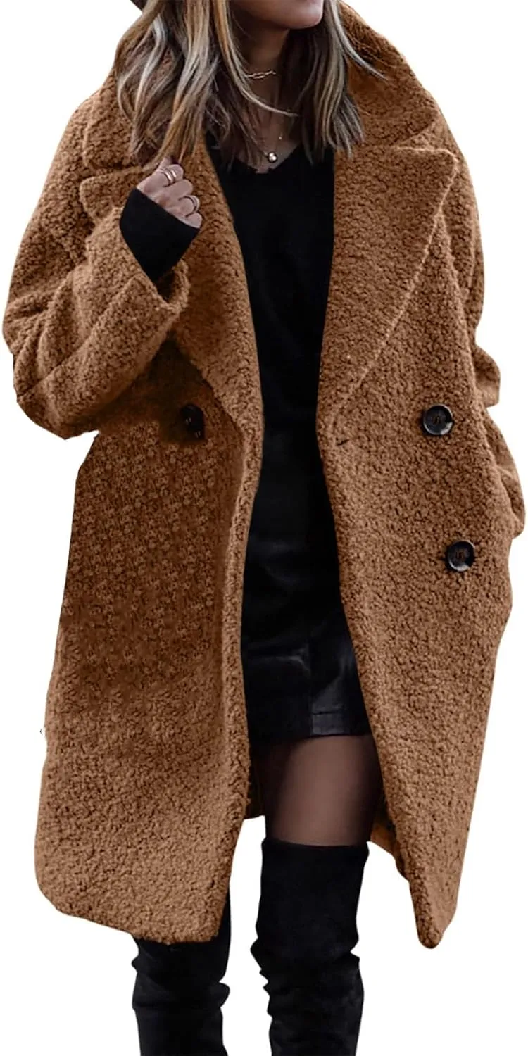Womens Winter Wool Coat Casual Notch Lapel Double Breasted Pea Coat Mid Long Trench Coat Jackets