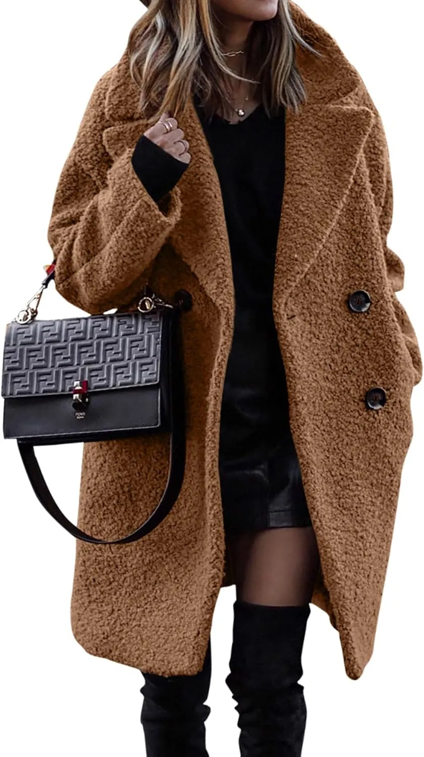 Womens Winter Wool Coat Casual Notch Lapel Double Breasted Pea Coat Mid Long Trench Coat Jackets