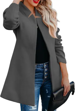 Womens Wool Blend Coats Open Front Stand Collar Cardigan Casual Mid-Long Pea Trench Coat