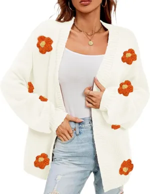 Womens Y2K Cute Cardigan Sweaters Open Front Cropped Flower Knit Jacket Vintage Preppy Aesthetic 90s Clothes Kawaii Sweater