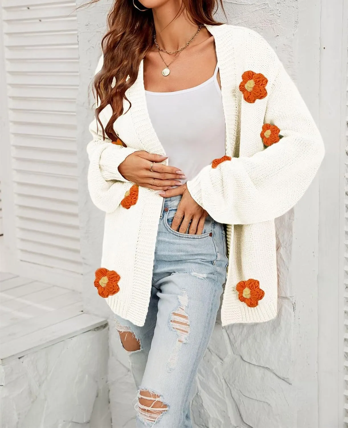 Womens Y2K Cute Cardigan Sweaters Open Front Cropped Flower Knit Jacket Vintage Preppy Aesthetic 90s Clothes Kawaii Sweater
