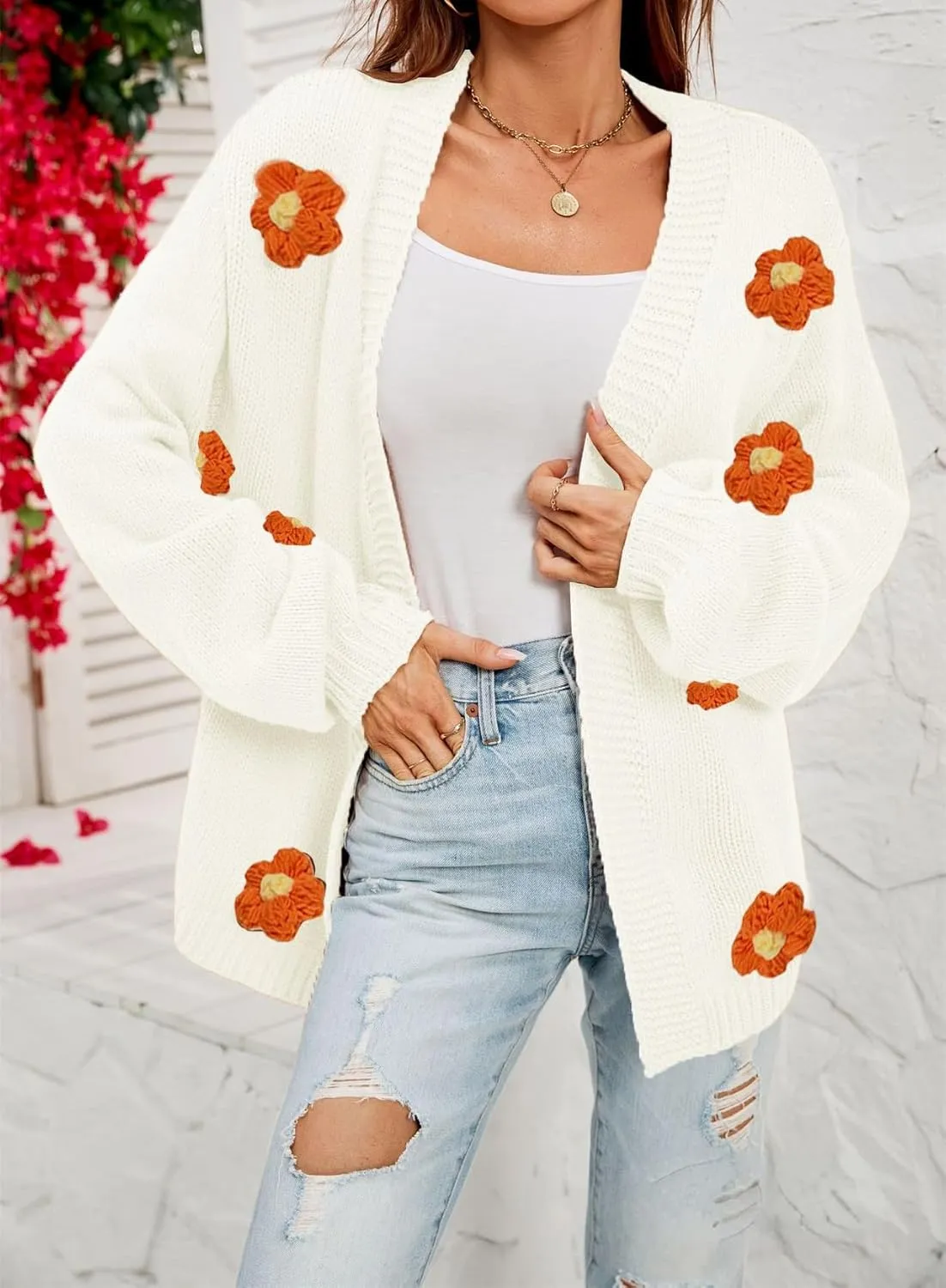 Womens Y2K Cute Cardigan Sweaters Open Front Cropped Flower Knit Jacket Vintage Preppy Aesthetic 90s Clothes Kawaii Sweater