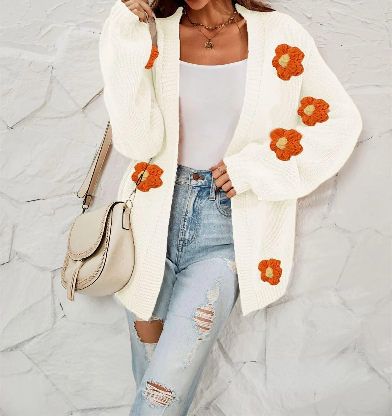 Womens Y2K Cute Cardigan Sweaters Open Front Cropped Flower Knit Jacket Vintage Preppy Aesthetic 90s Clothes Kawaii Sweater