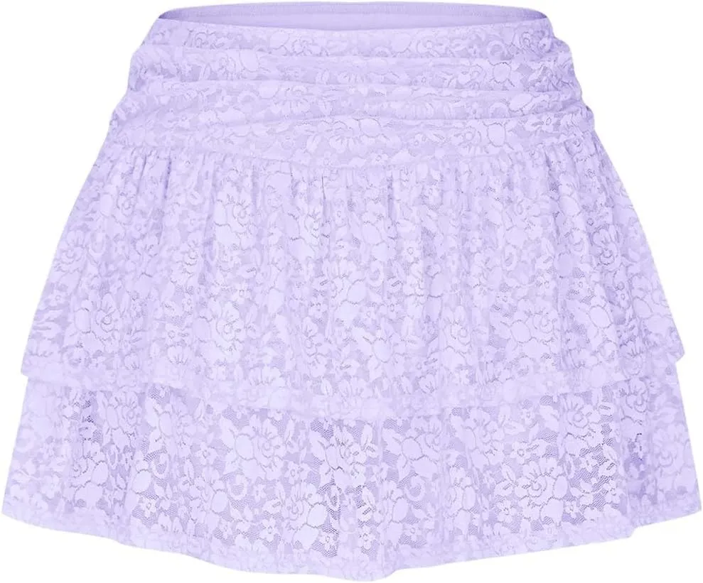 Womens Y2k Lace Mini Skirt Fairy Mesh Floral Mid Low Rise Ruffle Half Slip Skirt Sexy Layered Flowy Short Skirt