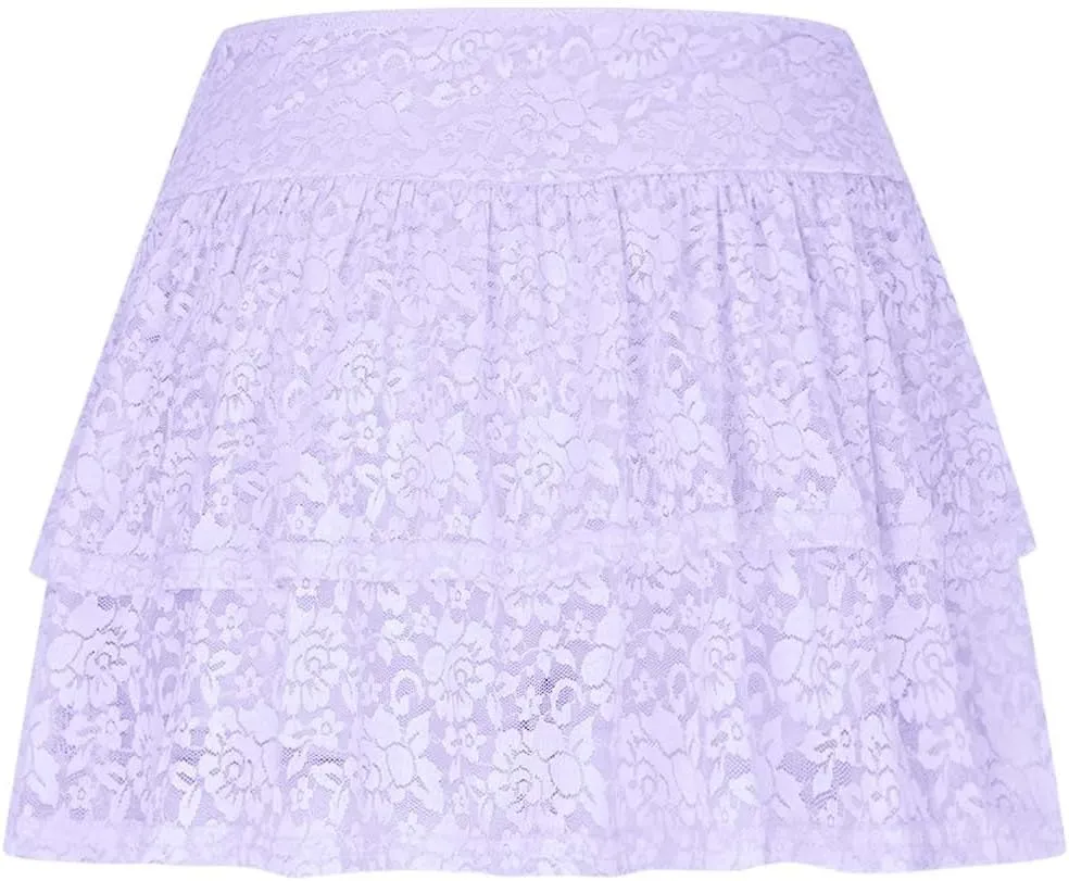 Womens Y2k Lace Mini Skirt Fairy Mesh Floral Mid Low Rise Ruffle Half Slip Skirt Sexy Layered Flowy Short Skirt