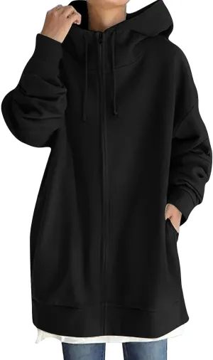 Womens Zip Up Hoodie Jacket Plus Size Long Sleeve Hooded Drawstring Oversized Coat Fall Winter Y2K Clothes