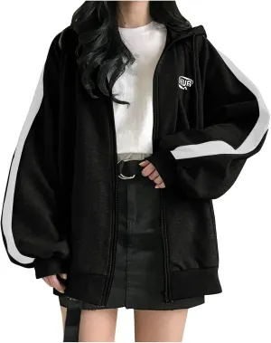 Womens Zip Up Hoodie Oversized Plus Size Cute Grunge Aesthetic Y2K Hoodie for Teen Girls Vintage Baggy Sweatshirt