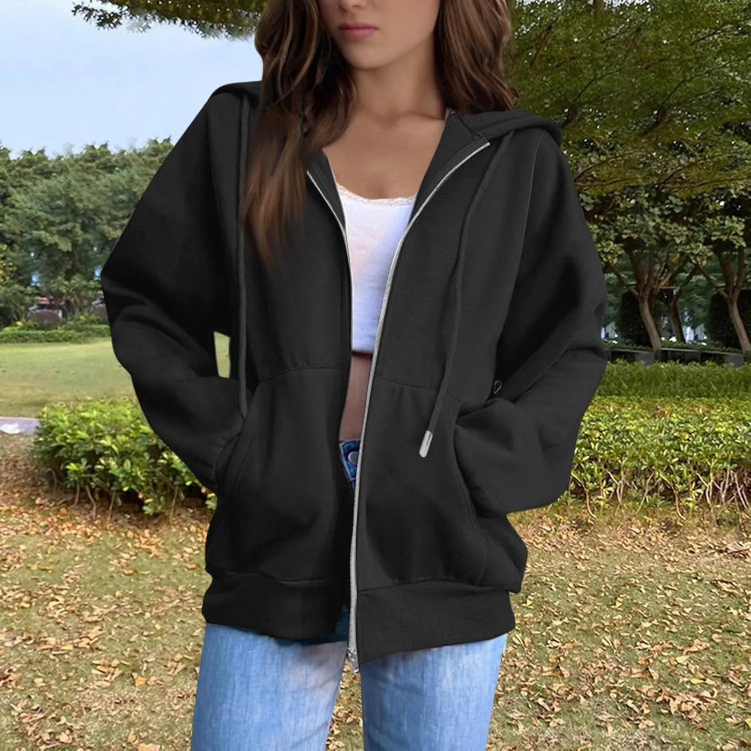 Womens Zip Up Hoodies Casual Long Sleeve Hoodie Jacket Oversized Lightweight Pullover Sweatshirts Tops with Pocket