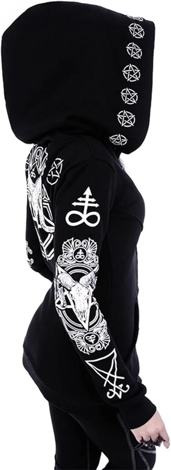 Xiaojmake Women Punk Gothic Sweatshirt Witchcraft Moon Long Hoodie Jacket Oversized Long Sleeve Zip Up Halloween Hooded Coats