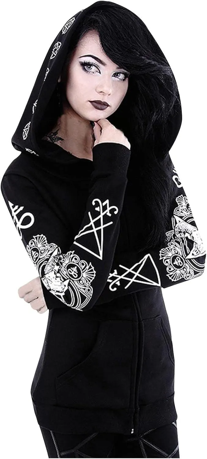 Xiaojmake Women Punk Gothic Sweatshirt Witchcraft Moon Long Hoodie Jacket Oversized Long Sleeve Zip Up Halloween Hooded Coats