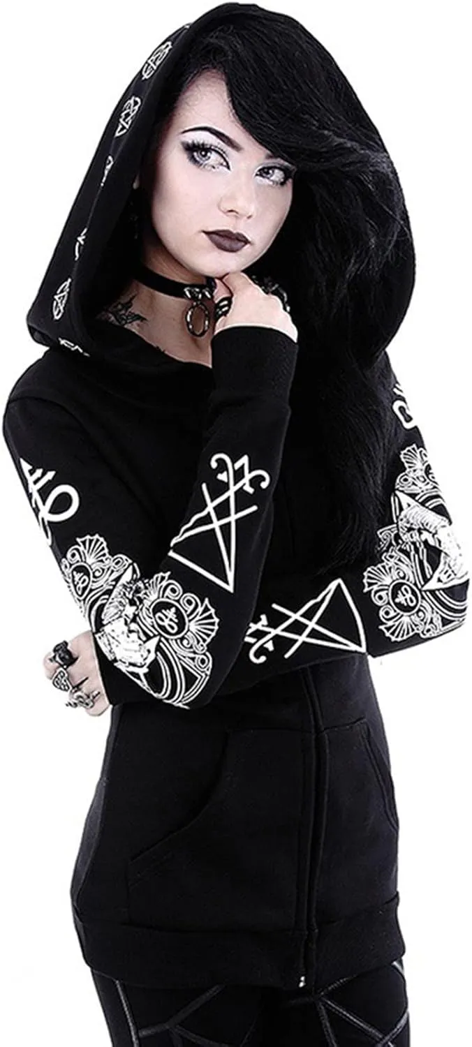 Xiaojmake Women Punk Gothic Sweatshirt Witchcraft Moon Long Hoodie Jacket Oversized Long Sleeve Zip Up Halloween Hooded Coats