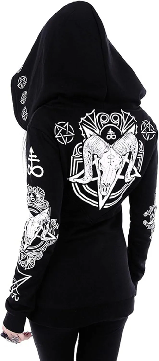 Xiaojmake Women Punk Gothic Sweatshirt Witchcraft Moon Long Hoodie Jacket Oversized Long Sleeve Zip Up Halloween Hooded Coats