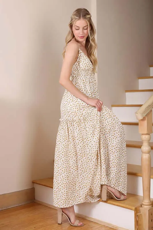 Yellow Floral Print Low Cut Tank Dress