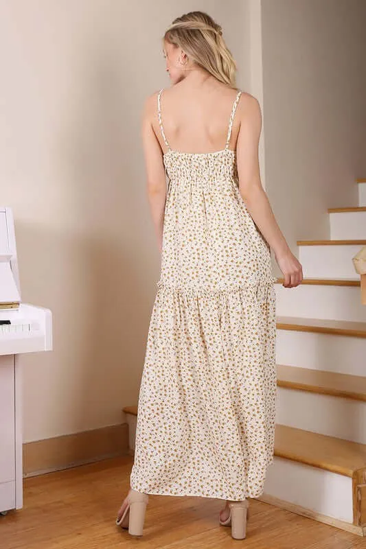 Yellow Floral Print Low Cut Tank Dress