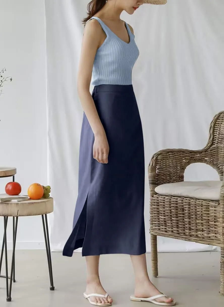 Ylingjun Womens High Waisted Straight Cotton Linen Long Skirt with Slit