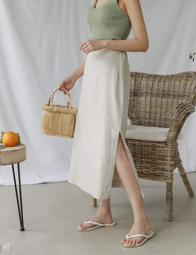 Ylingjun Womens High Waisted Straight Cotton Linen Long Skirt with Slit