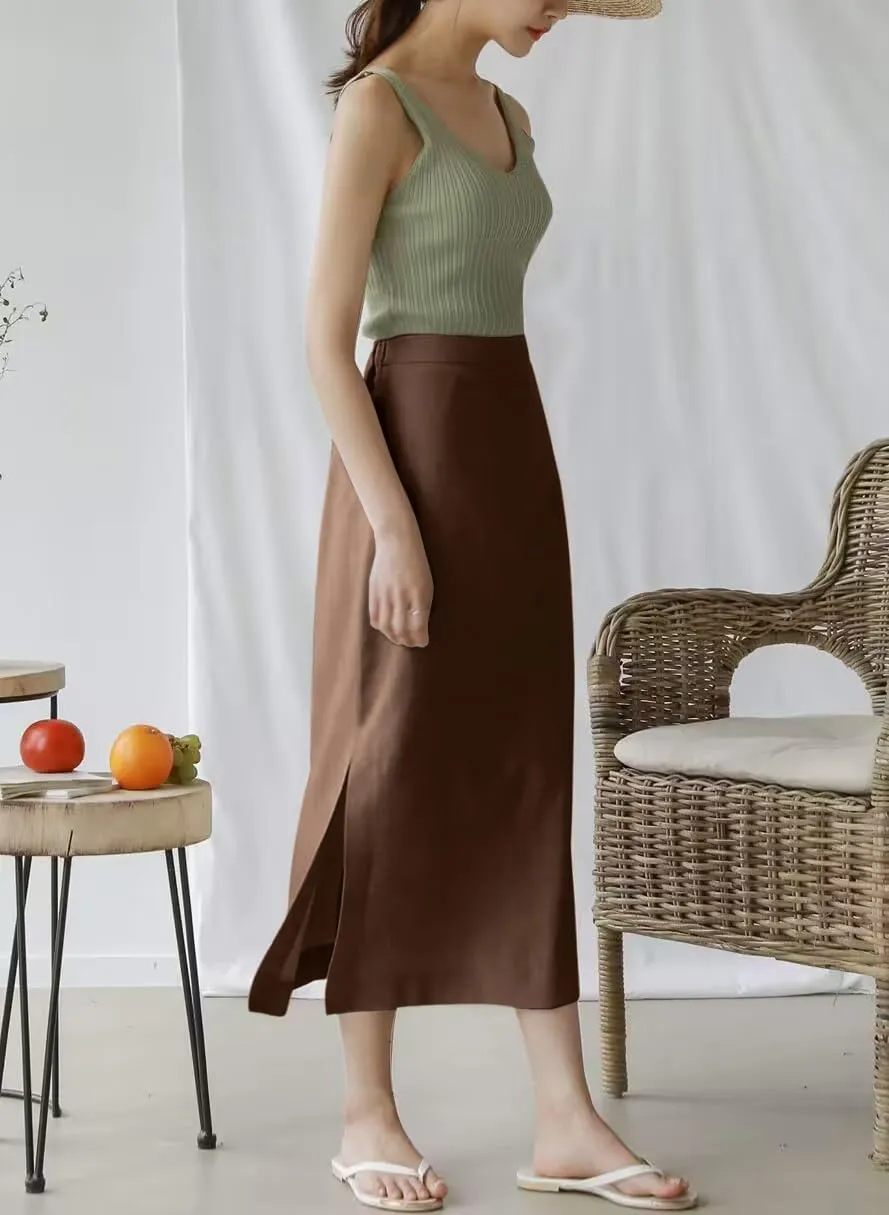 Ylingjun Womens High Waisted Straight Cotton Linen Long Skirt with Slit