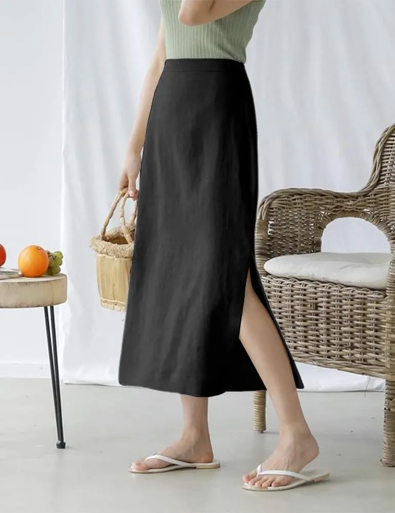 Ylingjun Womens High Waisted Straight Cotton Linen Long Skirt with Slit