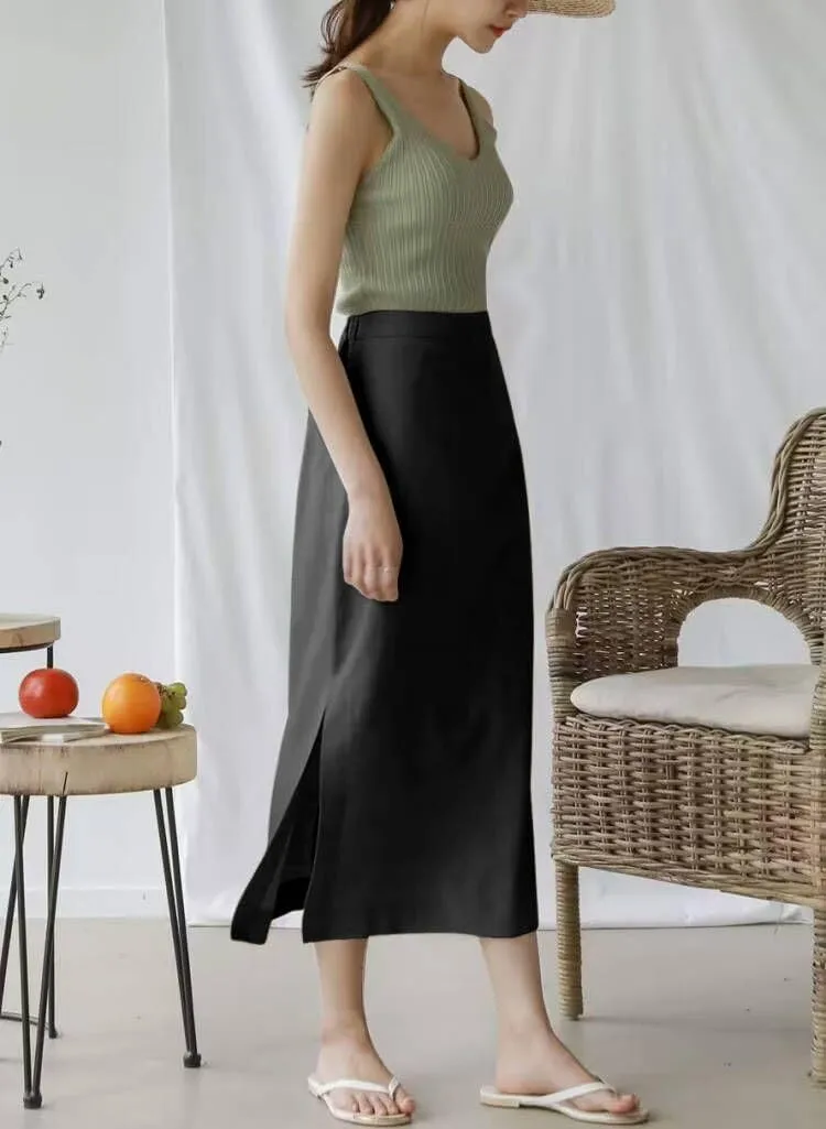 Ylingjun Womens High Waisted Straight Cotton Linen Long Skirt with Slit