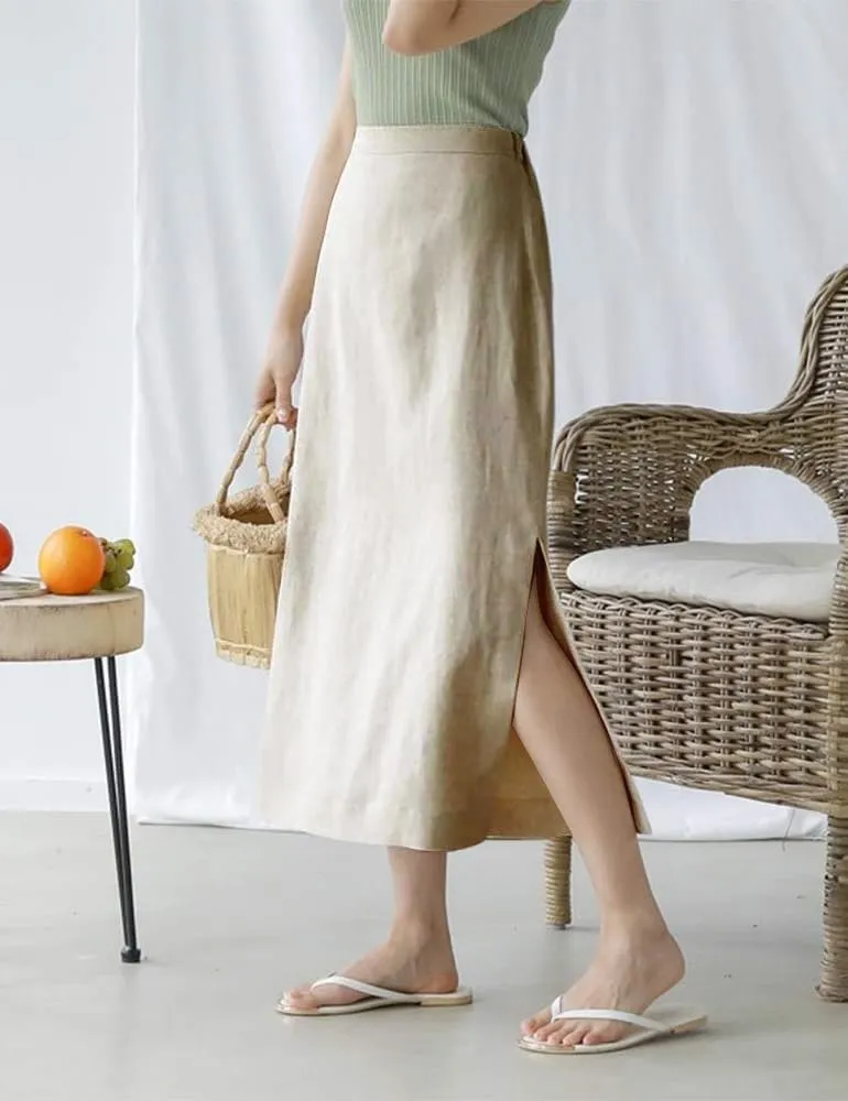 Ylingjun Womens High Waisted Straight Cotton Linen Long Skirt with Slit