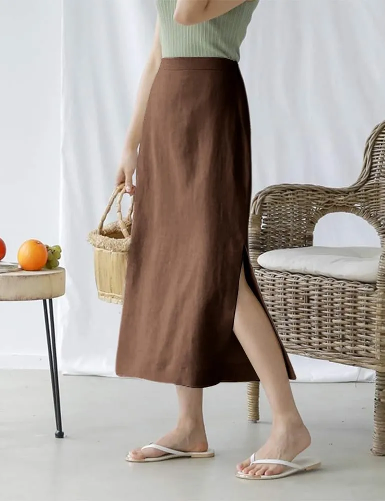 Ylingjun Womens High Waisted Straight Cotton Linen Long Skirt with Slit