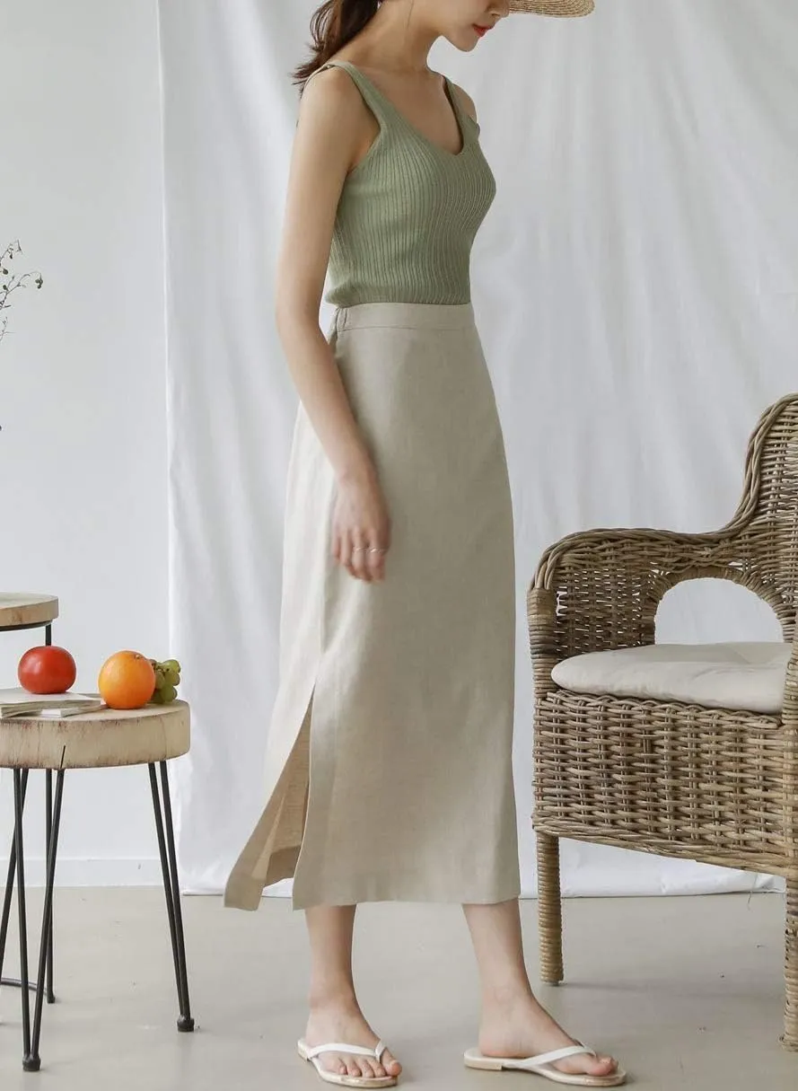 Ylingjun Womens High Waisted Straight Cotton Linen Long Skirt with Slit
