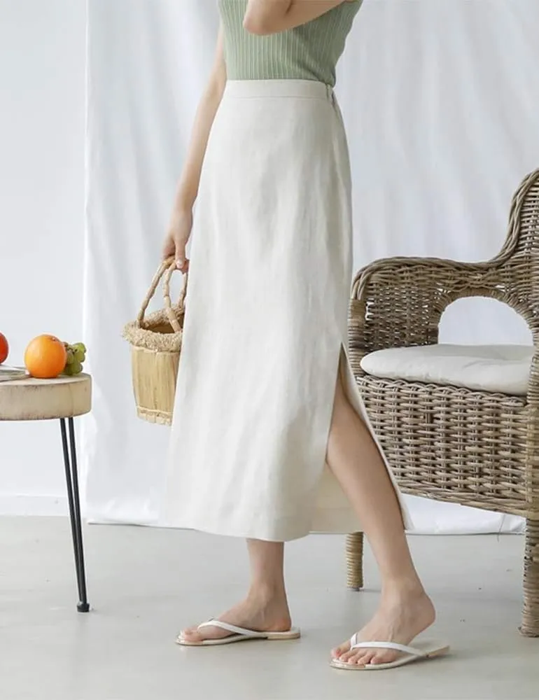 Ylingjun Womens High Waisted Straight Cotton Linen Long Skirt with Slit